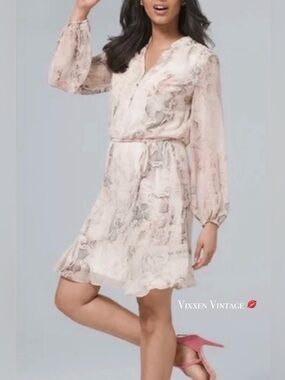 WHBM BLOUSON ‘LONG SLEEVE SNAKE PRINT SHIFT DRESS’ IN ECRU W/ SCONE